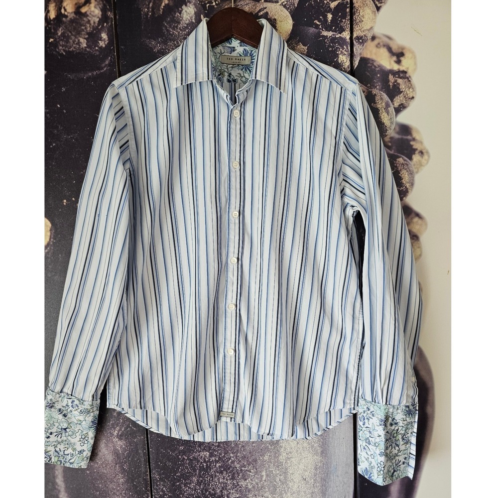 Ted Baker London Men's Striped Button Up Shirt Blue White Floral Contrast Size 3